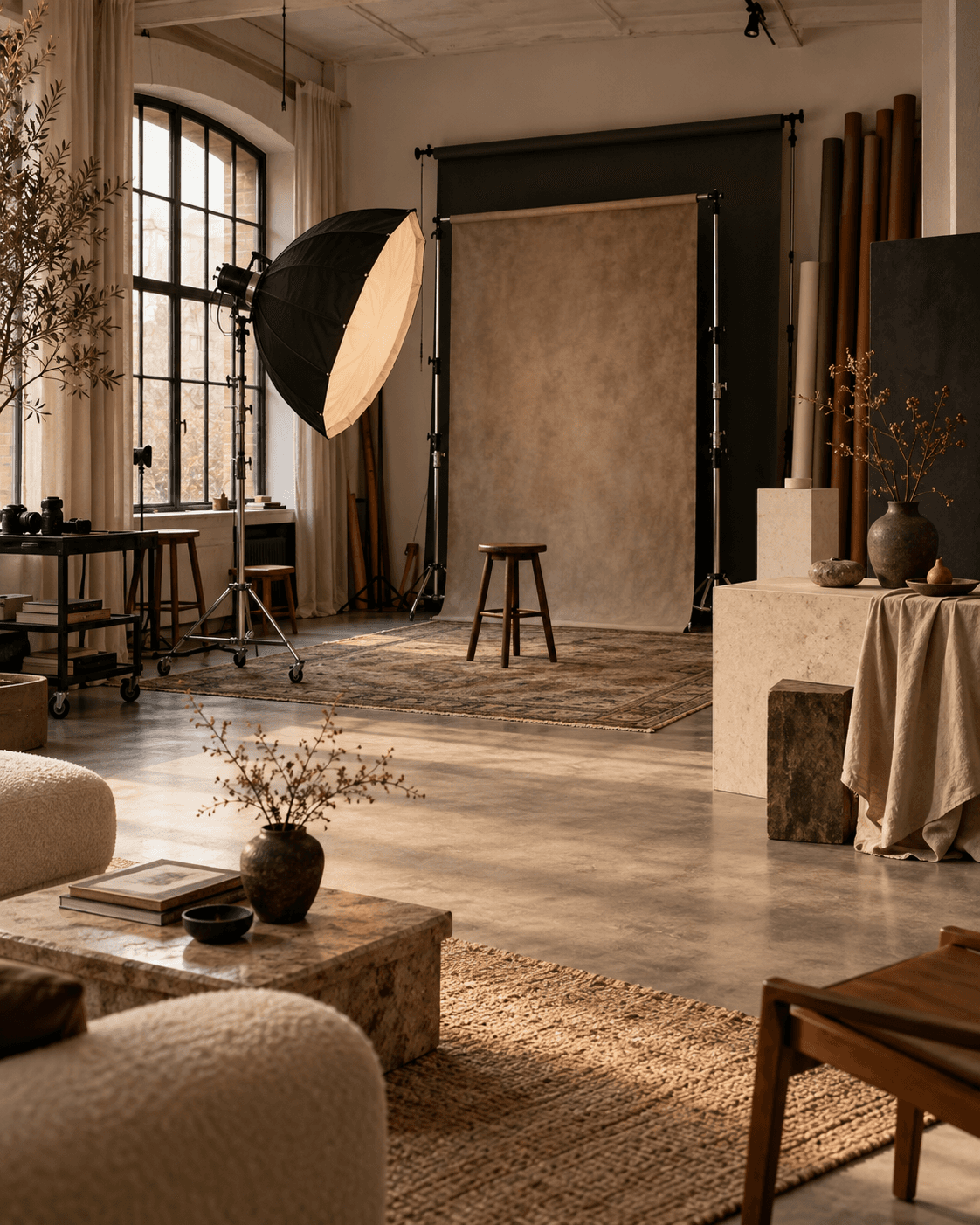 Portrait photography studio with a brown backdrop and softbox lighting