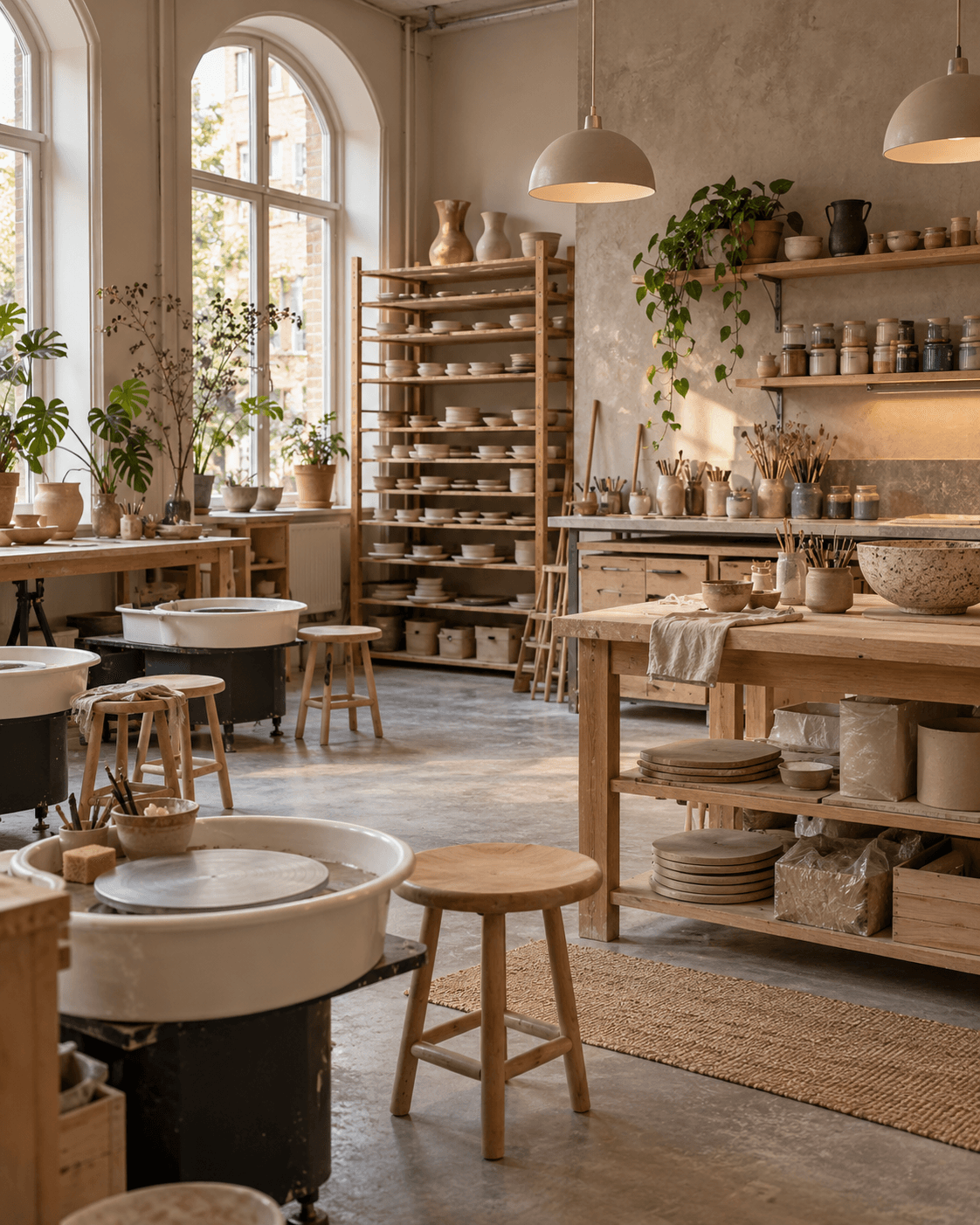 Sunlit pottery workshop with arched windows, clay wheels and wooden shelves