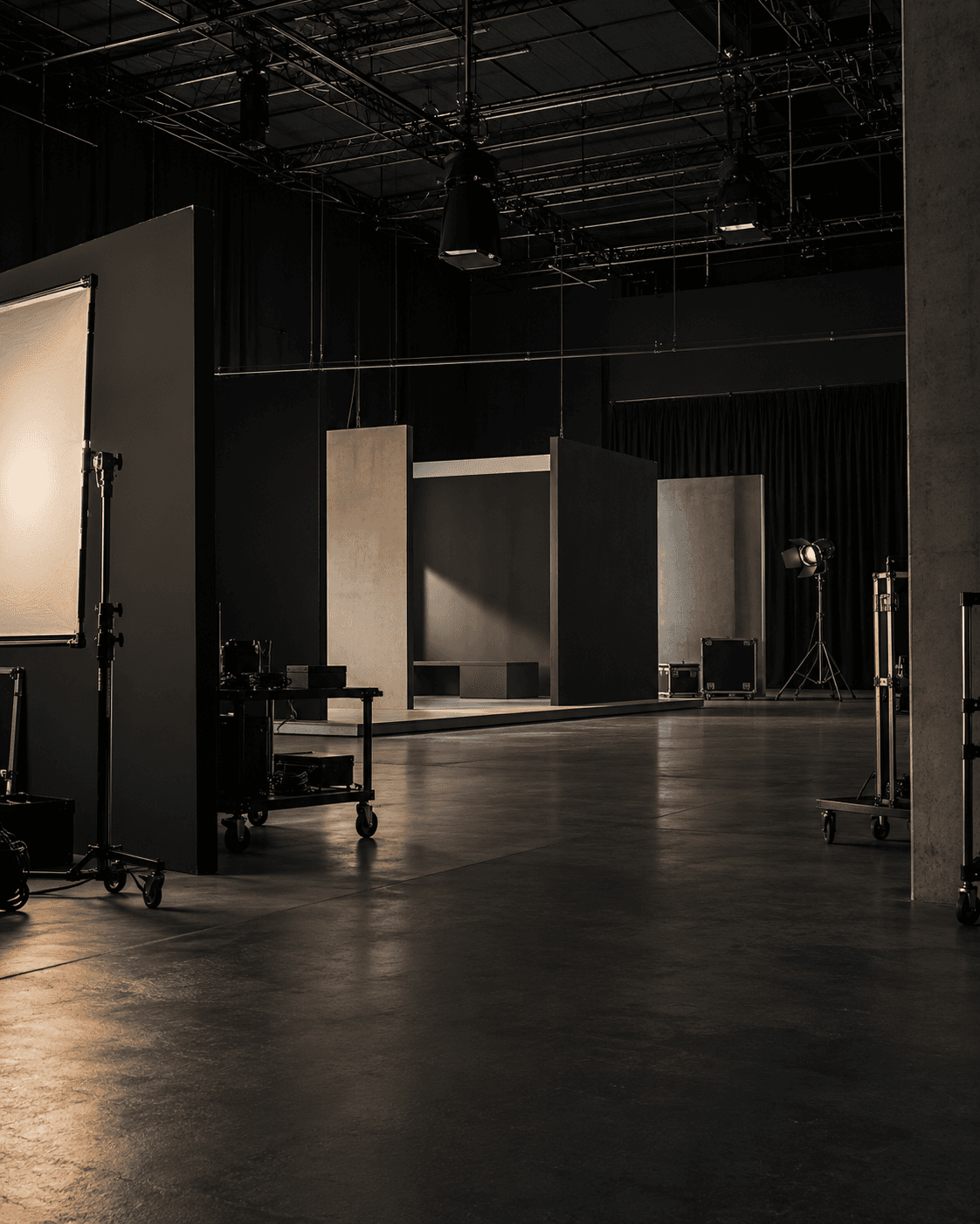 Dark film production studio with lighting rigs and modular black-box sets