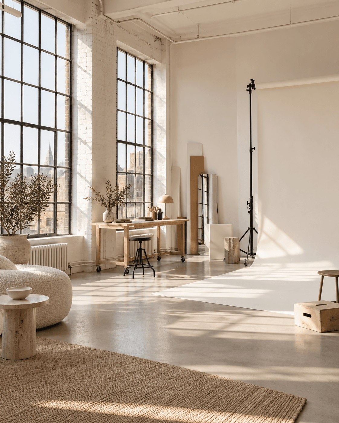 Sunlit photography loft with tall industrial windows and a white shooting area