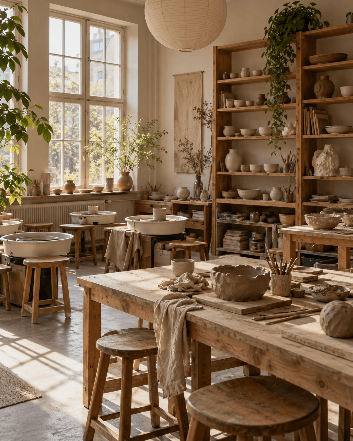 Warm ceramics workshop with wooden tables, pottery wheels and shelves of handmade pieces