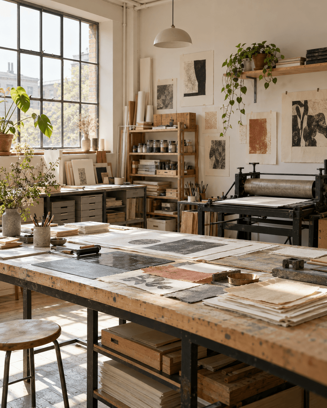 Printmaking workshop with an etching press, paper and art materials